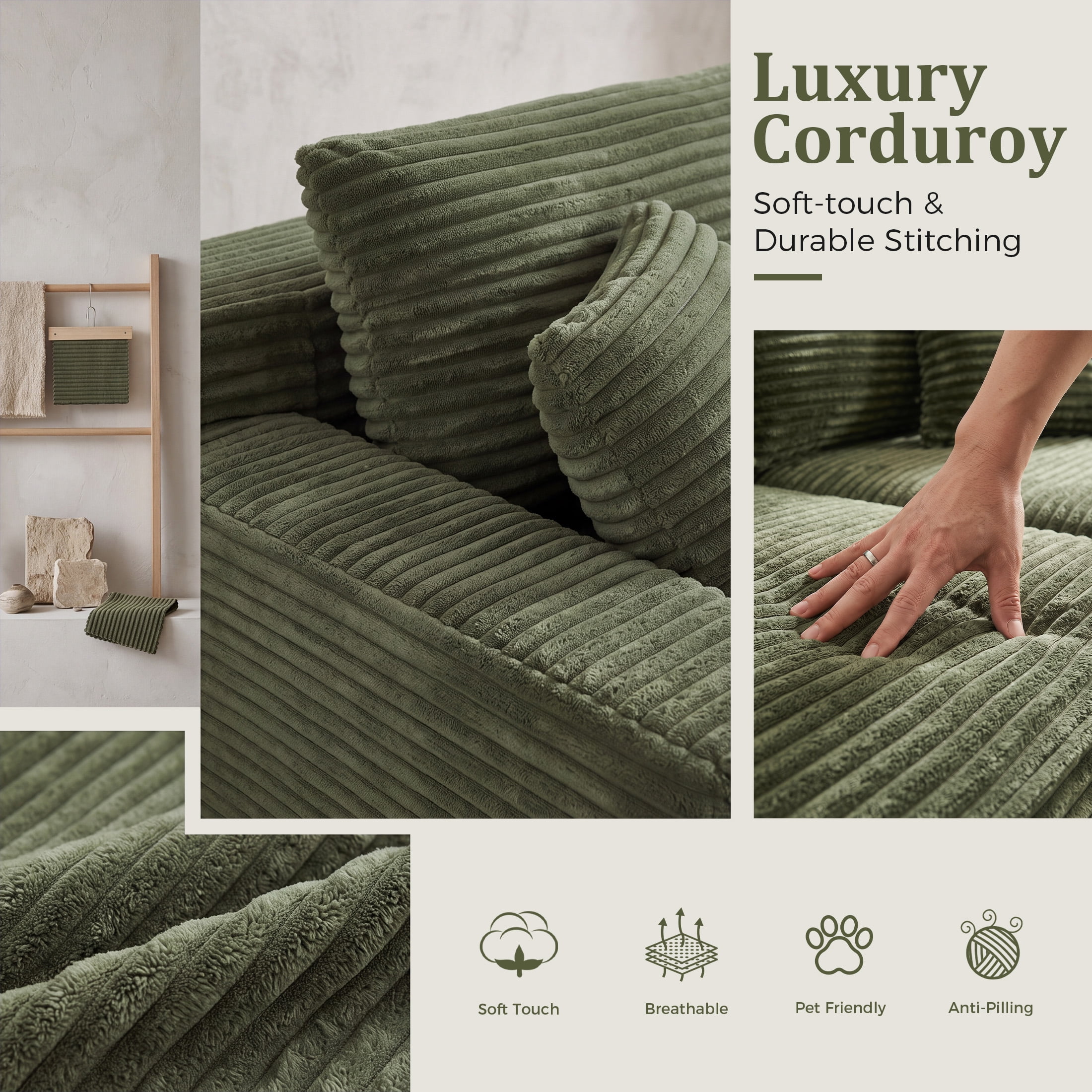 Aenkyo 95 Inch Corduroy L-Shaped Modular Sectional Sofa, Right Chaise, Green