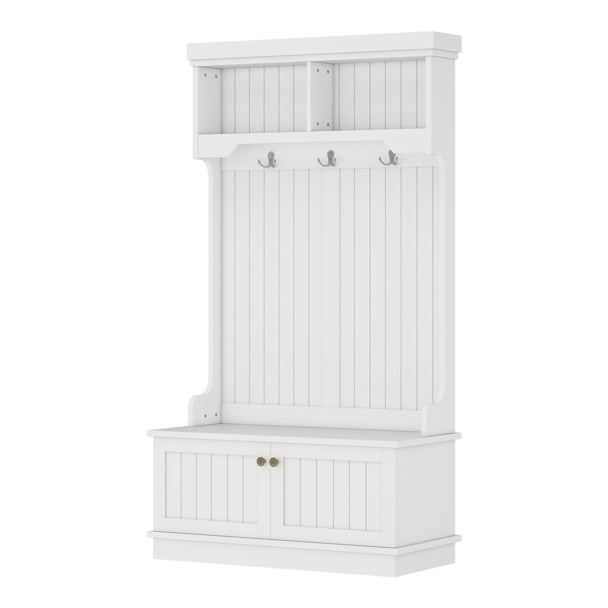 Mintazer 4‑in‑1 Hall Tree with Hooks & Storage Bench, Multifunctional Entryway Coat Rack with Upper Open Shelves & Lower Cabinet for Living Room Mudroom Bedroom, White
