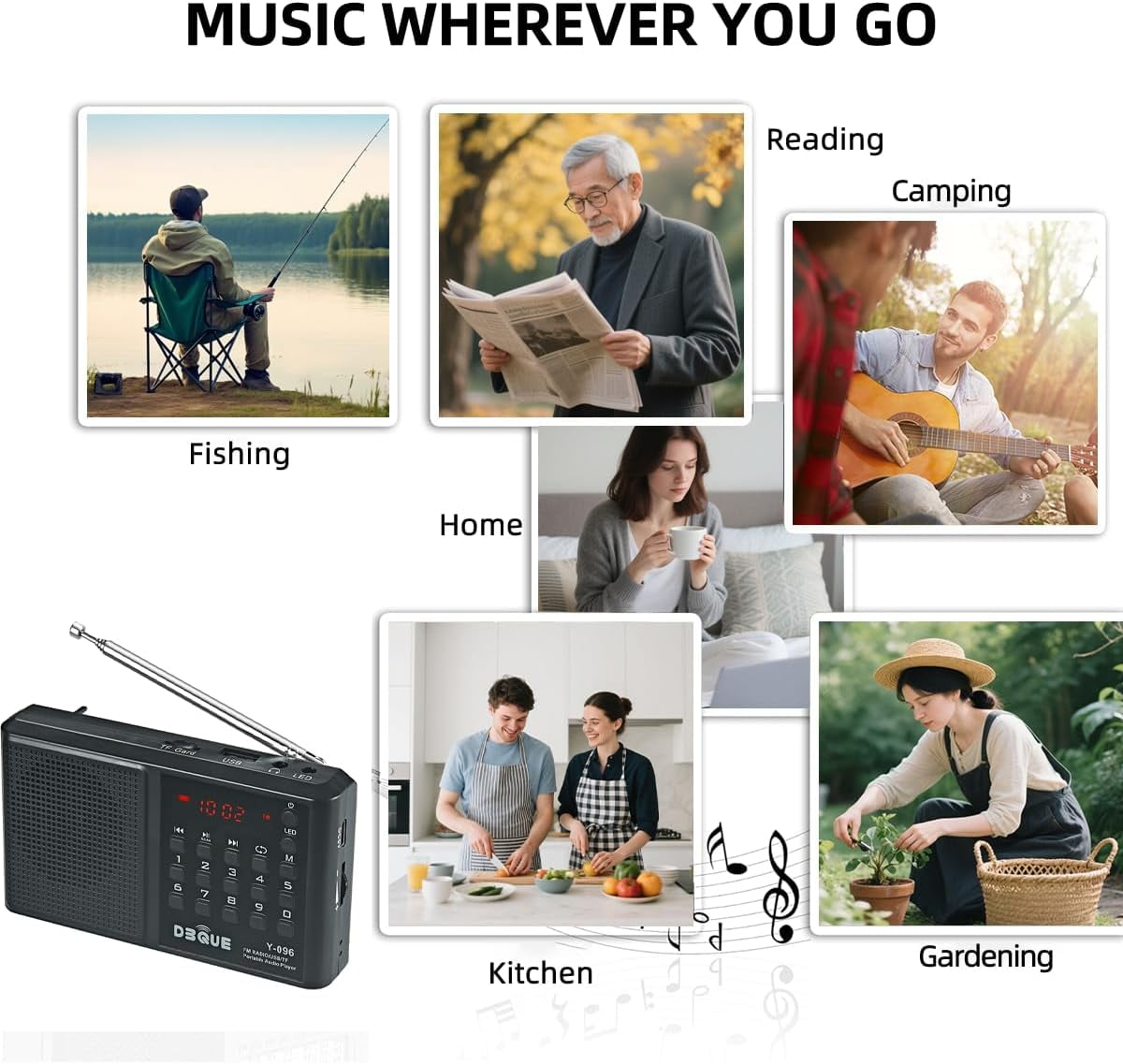 Portable AM FM Radio with Bluetooth Speaker, USB/TF Playback MP3 Player with USB-C Fast Charging, Auto Scan Save, Rechargeable Battery for Home Outdoor Use BT 5.0 Radio (Black)
