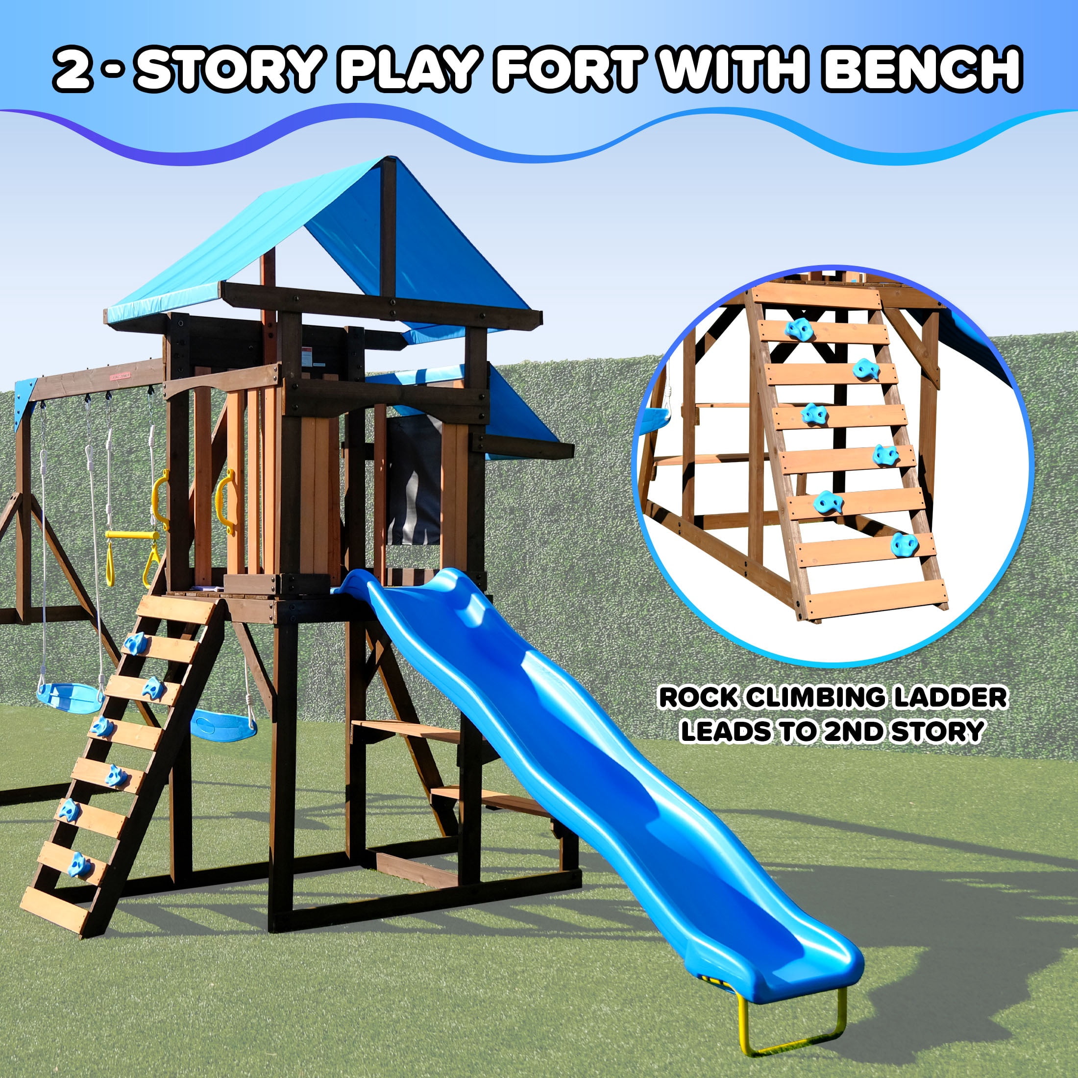 Sportspower Rosemont Wooden Swing Set with 2 Belt Swings, Trapeze, Play Fort with Rock Climber, Bench with Table, Sandbox, Lifetime Warranty on 8ft Slide, & Bonus Anchor Kit