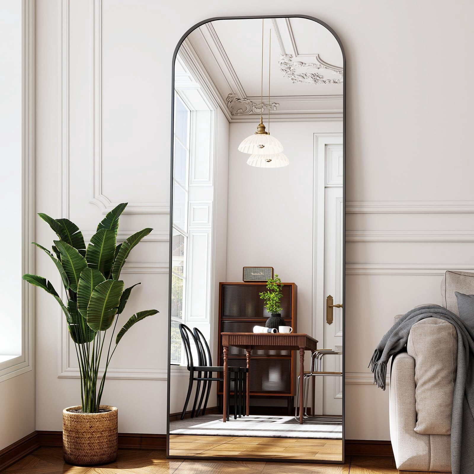 Lumora 64"x21" Rounded-top Full Length Mirror Free-standing Floor Mirror, Black