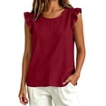 thumbnail image 6 of Linen Tank Tops for Women Ruffle Short Sleeve Summer Tops Cute Crew Neck Casual Blouses (M,Wine), 6 of 9