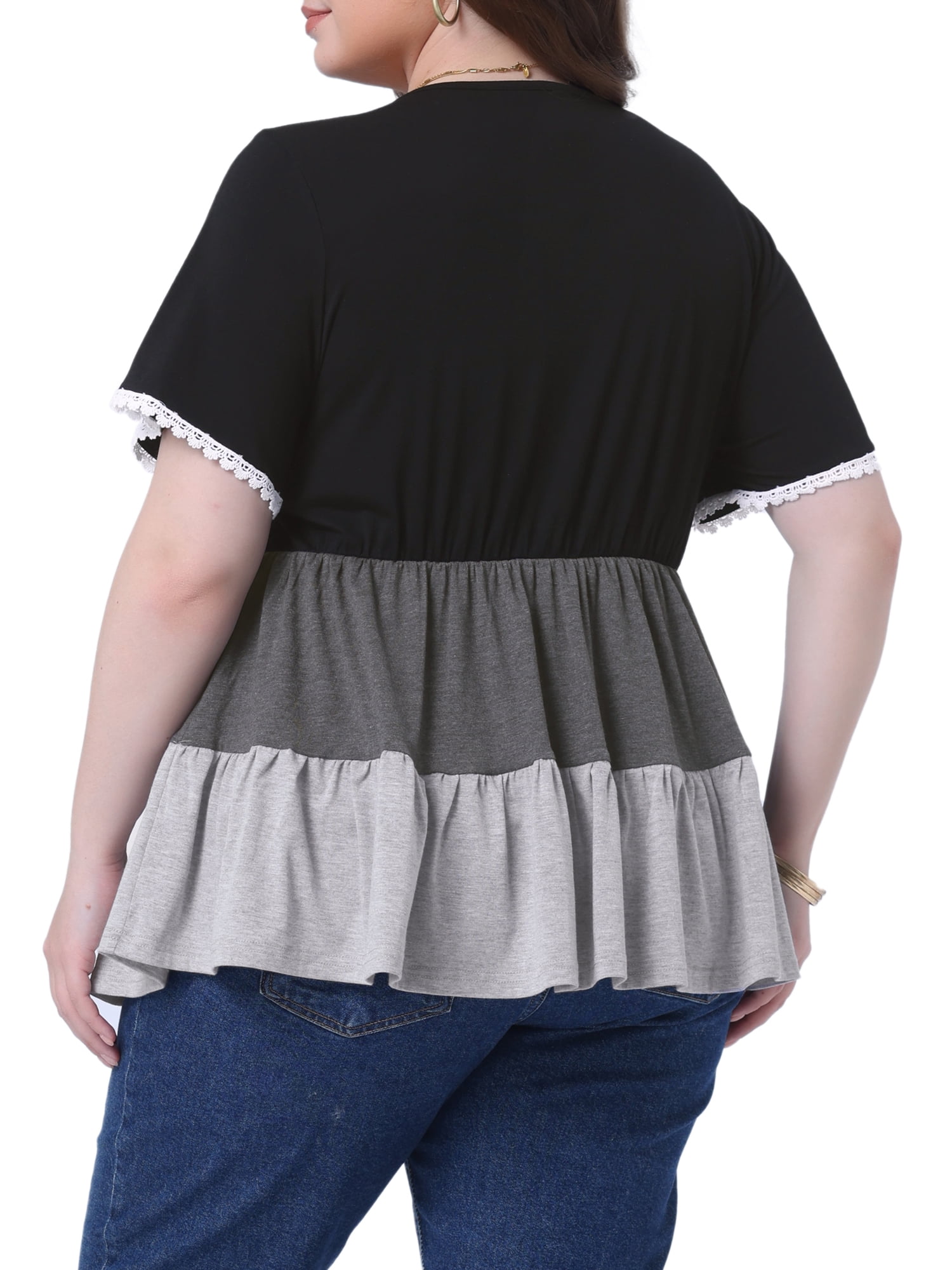 DARING DIVA Women's Plus Babydoll Ruffle Short Sleeve Casual Blouse 1X Black