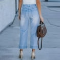 thumbnail image 5 of Wide Leg Jeans for Women Trendy High Waisted Flare Jeans Cropped Denim Pants Stretchy Baggy with Patch Pockets Blue M, 5 of 5