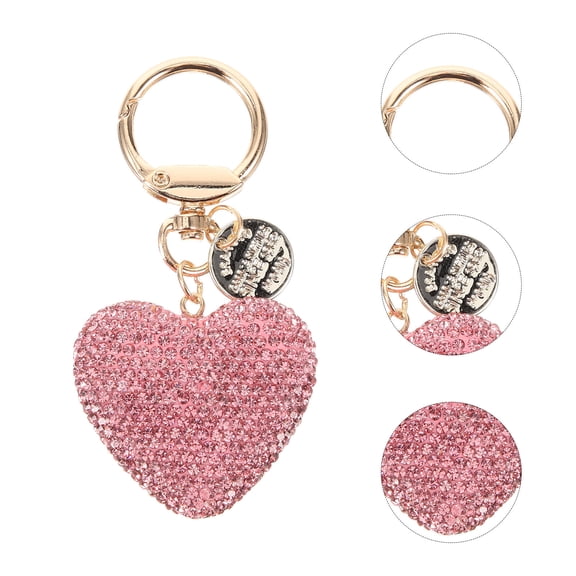 COSMOBETTY Key Chain Charm Pink Diamond Encrusted Metal Heart Shaped Bag Pendant for Friends 1Set