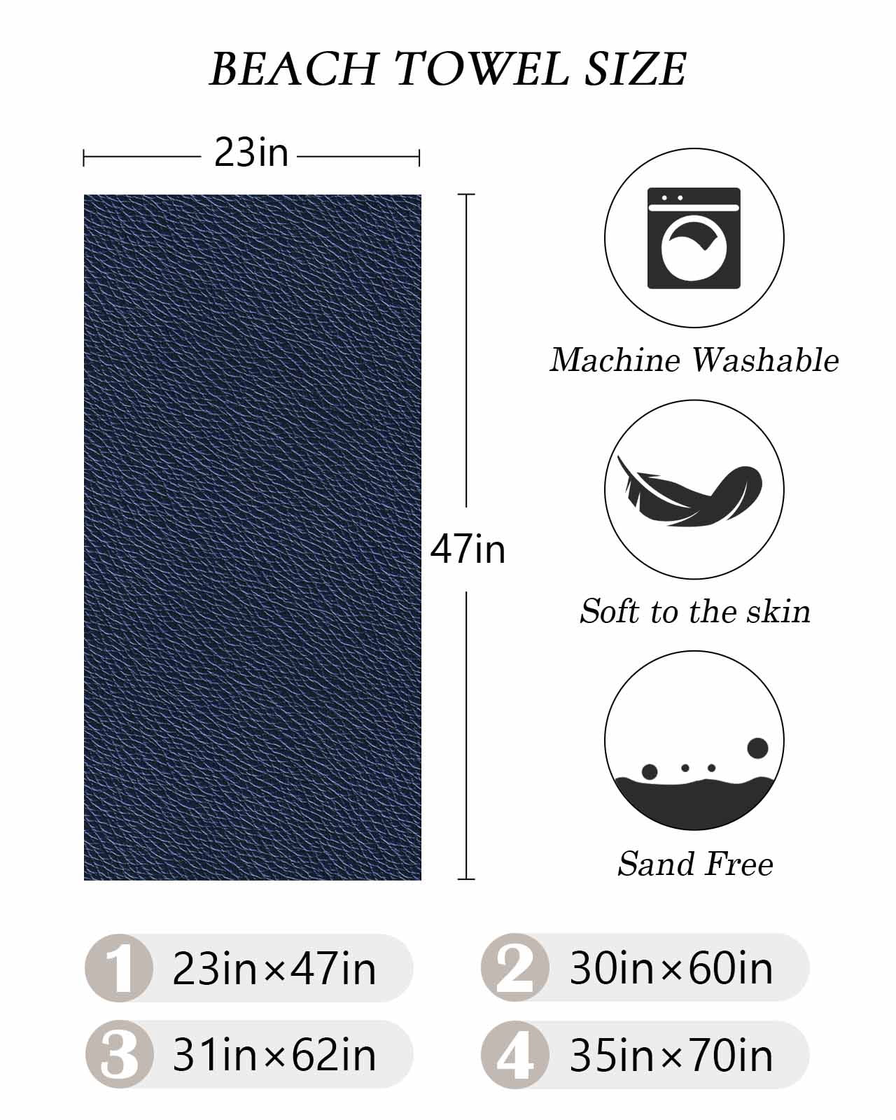 Solid Dark Blue Beach Towels Oversized Super Absorbent, Minimalism Abstract Denim Texture Lightweight Bath Towel Quick Dry Sets For Bathroom/Pool/Rv Camping/Beach Play/Gym Room/Picnic 30"x60"
