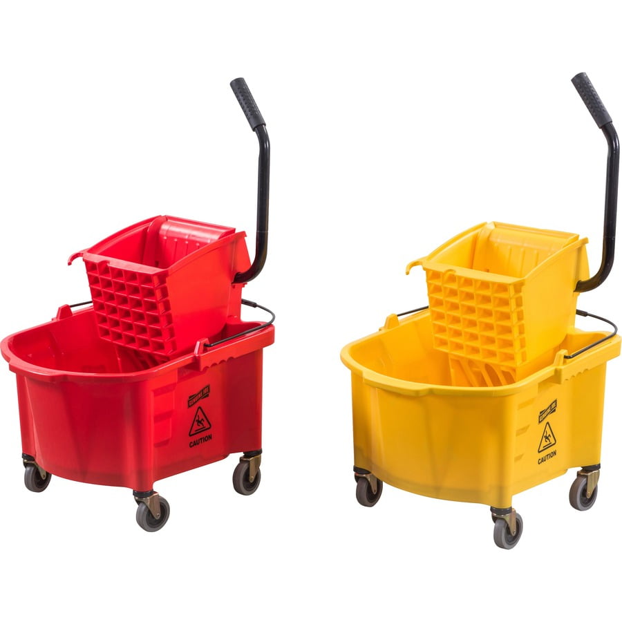 Genuine Joe Splash Shield Mop Bucket/wringer - 26 Quart - Wringer, Caution Sign, Handle, Measurement Marking, Caster, Putty Knife Holder, Mop Stick Holder - Plastic, Metal - Black, Yellow - 1 Each