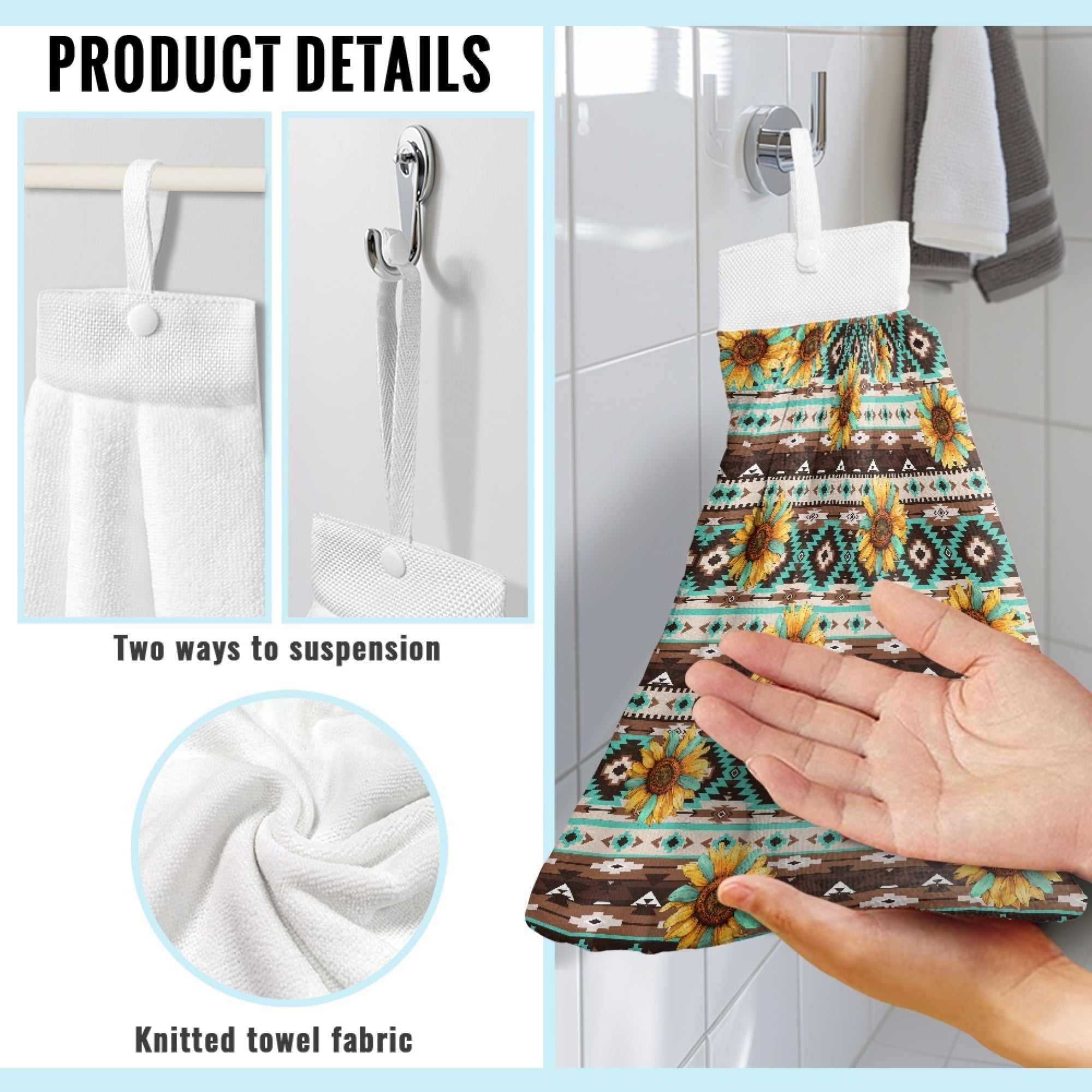 ZIATUBLE Aztec Southwest Dish Towel Hand Towels Sunflower Hanging Hand Towels with Loop 3 Pcs Easy to Clean Hanging Dish Towels Dish Cloths Soft Hand Towels Hanging Loops Kitchen Bathroom