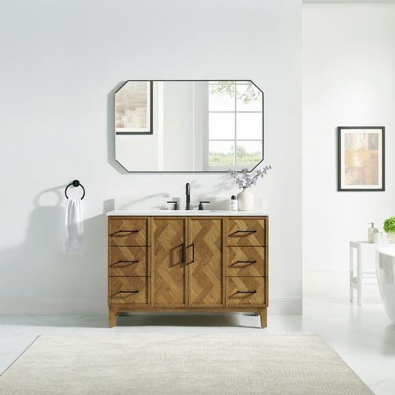 Clara 48"  Wood Vanity in Weathered Brown with Calacatta Quartz Top No Mirror
