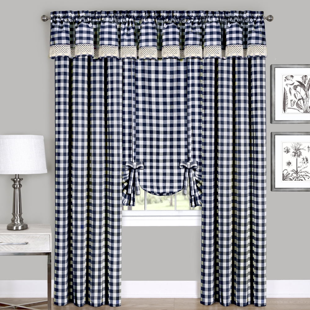 Woven Trends Farmhouse Curtains Kitchen Décor, Buffalo Plaid Shades, Classic Country Plaid Gingham Checkered Design, Farmhouse Décor, Window Curtain Treatments (Navy, Tie-Up Shade)