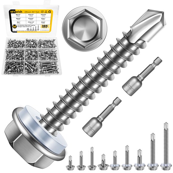 Mywish 410 Stainless Steel Self Tapping Screws for Metal, 385 Pieces #8#10#12 Hex Head Self Drilling Screws Assortment Kit, Length 1/2" to