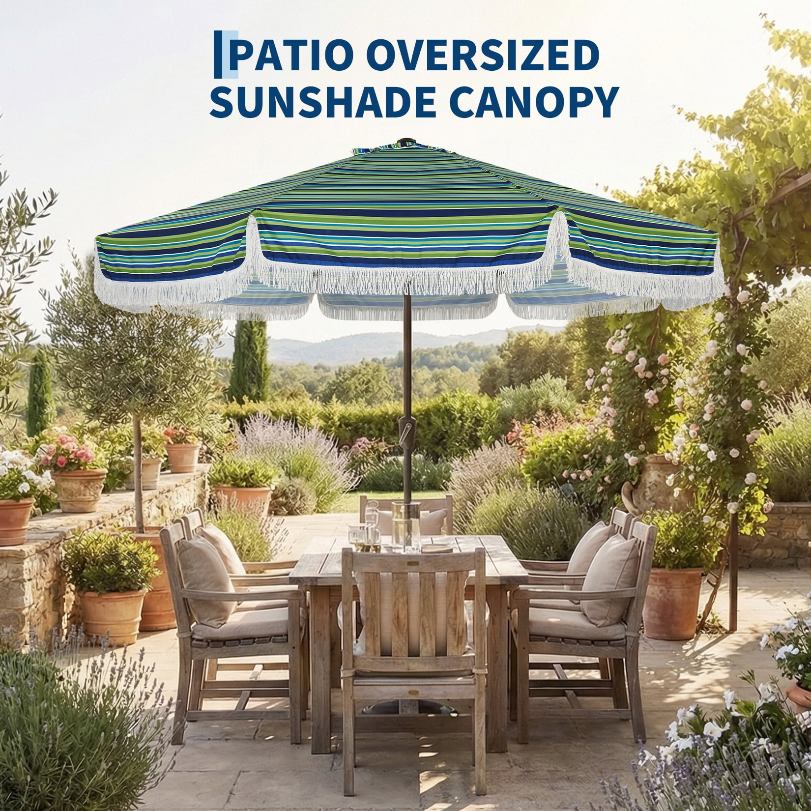 9FT Outdoor Umbrella with 8 Fiberglass Ribs, Crank Handle & Push Button Tilt, 1.5"D Premium Steel Pole, Boho Tassel Market Umbrella for Patio, Backyard, Pool, Blue & Green Striped