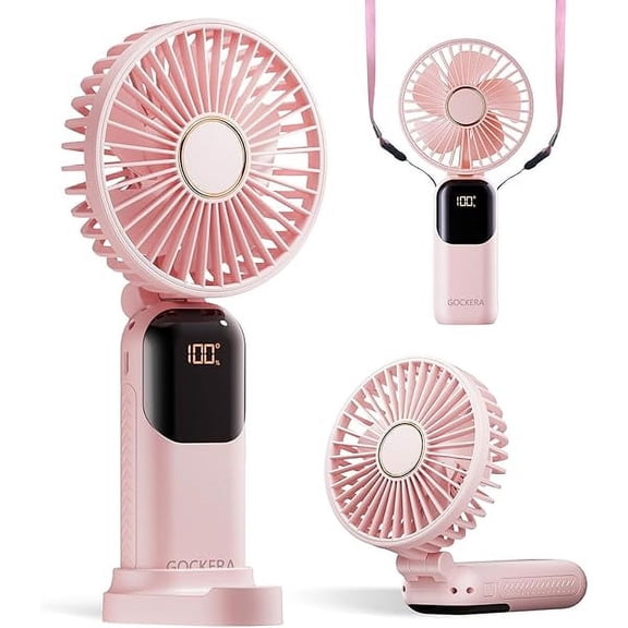 FU1999Portable Fan, 4200mAh Battery Operated Fan, 5 Speeds&Digital Display, Makeup Fans for Women with Base, 180°Foldable 3in1 Handheld/Neck/Desk Fan for Outdoor Indoor,Ultra Quiet (Pink)