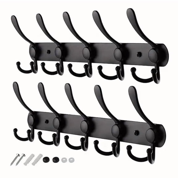 YMWVH Wall Mounted Coat Rack, 5 Tri Hooks Heavy Duty Stainless Steel Hook Rail, 2 Packs Black for Entryway Mudroom Bathroom