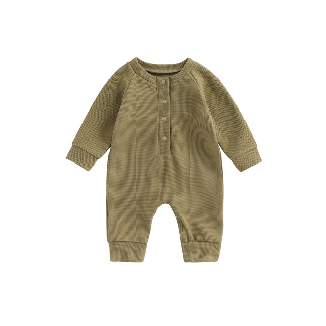 xiaxaixu Baby Boys Waffle Rompers Solid Color Buttons Crew Neck Long Sleeve Infant Jumpsuits Fall Toddler Clothes Bodysuits