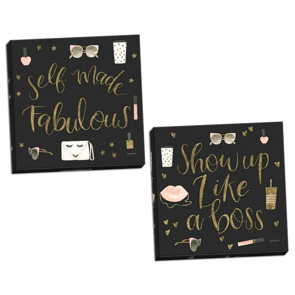Gango Home Decor Glam Boss Ladies VII Black & Boss Ladies VIII Black by Jenaya Jackson (Ready to Hang); Two 16x16in Hand-Stretched Canvases