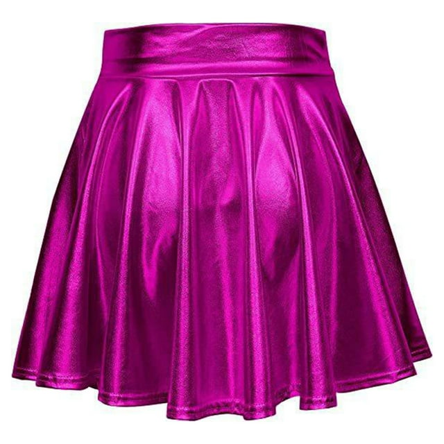Jupe Plissée Évasée, Taille Haute Respirante Jupe Métallique Brillante Mini Couleur Unie pour la Performance Noir, Rouge, Doré, Rouge Violacé, Violet, Argent
