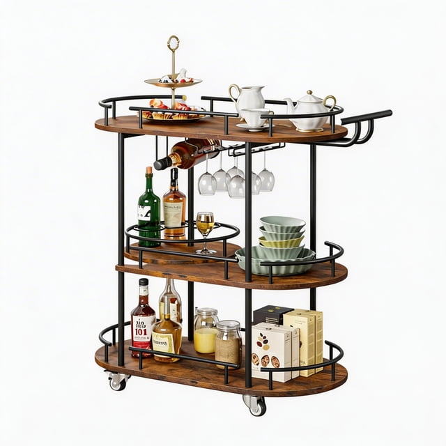 Garvee Bar Serving Cart with 3 Tier Storage Shelves, Wine Rack, Glass Holder, Black and Brown