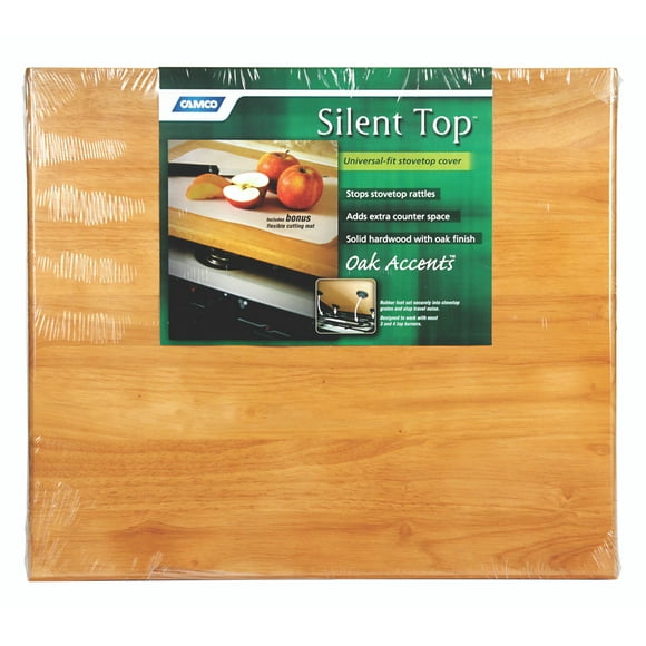 Camco Stove Top Cover 43521 Oak Accents; 19-5/8 Inch x 17-1/2 Inch; Oak Finish; Hardwood; With Rubber Pucks To Silence Stove Rattles; With English Language Packaging