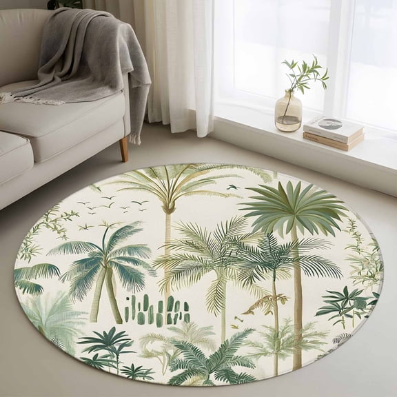 Green Palm Trees Round Area Rug 3 FT, Small Kitchen Bathroom Mats, Tropical Summer Botanical Washable Indoor Outdoor Throw Runner Carpet Non-Shedding Doormat for Table Shower Sofa Entryway