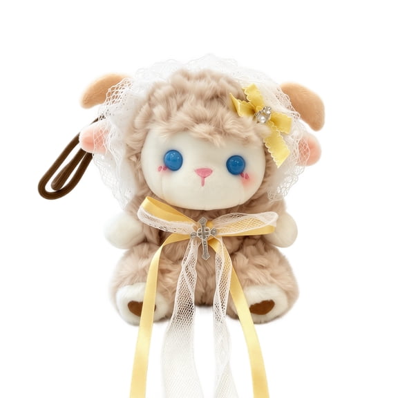 Plush Keychain Lamb Stuffed Animal with Lace Trim Yellow Ribbon Pearl Detail Blue Eye Blush Face Accessory Charm for Daily Carry Gifting