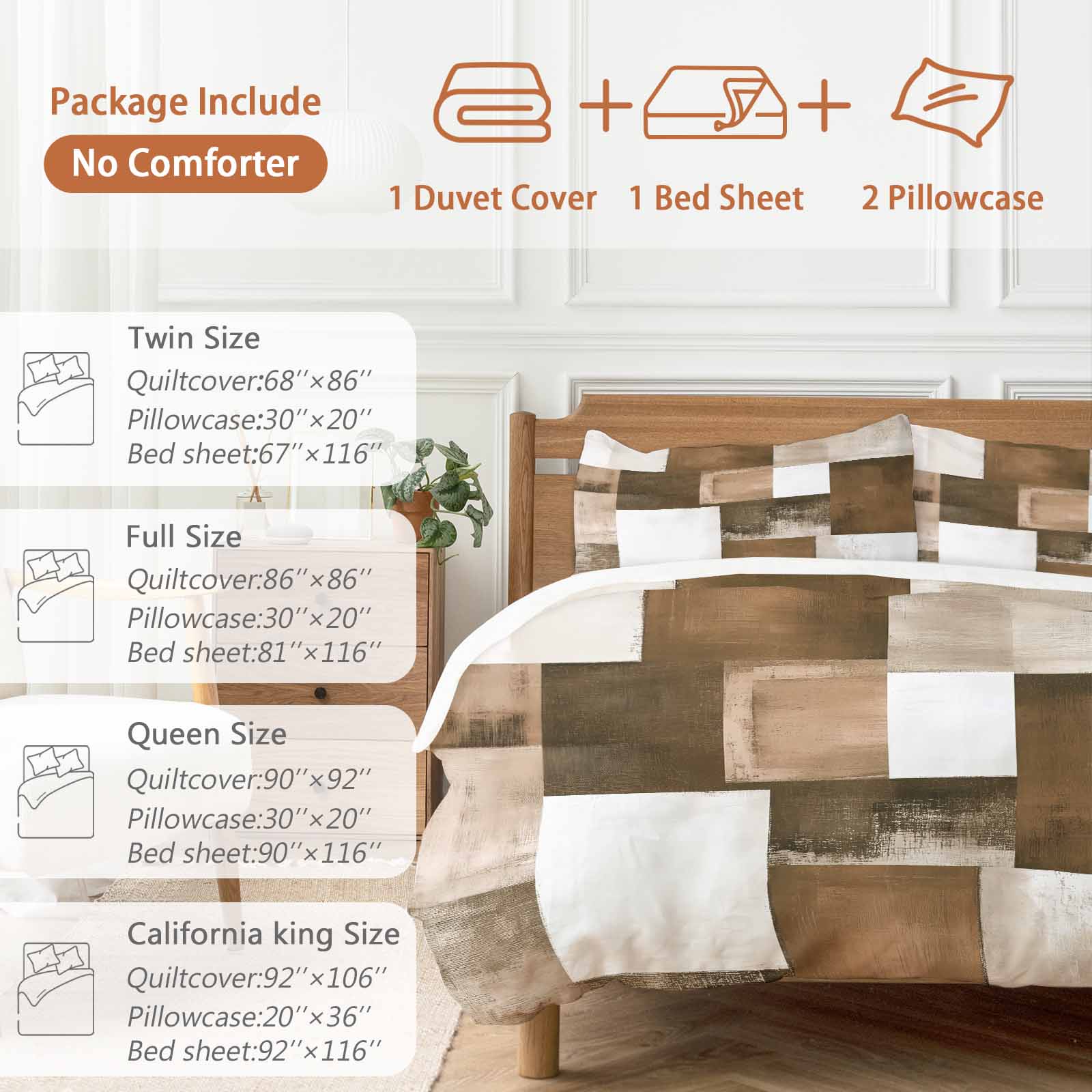 Brown Abstract Duvet Cover Set Full Size Modern Rustic Geometric Color Block Plaid Soft Lightweight Comforter Covers 4 Piece Bedding Set with 1 Duvet Cover 1 Bed Sheet & 2 Pillow Shams