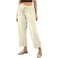 thumbnail image 2 of KkSLirnhs Pants for Women Jeans Woman Summer Solid Color Elastic Waist Drawstring Pockets Button Slit Trousers Length Pants Beige M, 2 of 7