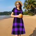 thumbnail image 4 of Picia Purple Buffalo Plaid Pattern Women's Short Sleeve Summer Dress Pleated Loose Swing Knee Length Short Sleeve Swing Dresses, 4 of 6