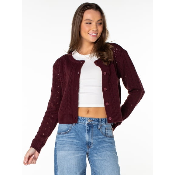 Celebrity Pink Women's Pointelle Crew Neck Cardigan Sweater, Sizes XS-4X