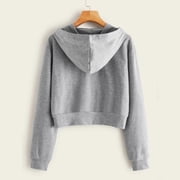 Zpanxa Cropped Sweatshirts for Women Casual Solid Long Sleeve Zipper Pocket Hoodies Cute Hooded Sweatshirt Tops Gray S