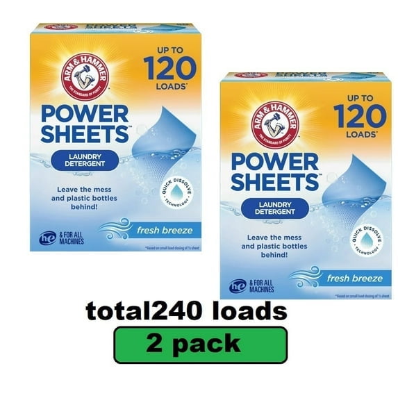 2pack ARM & HAMMER Power Sheets Laundry Detergent, Fresh Breeze, 60 Count, Up to 240 total Small Loads