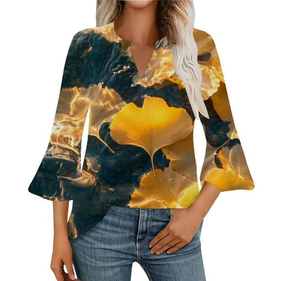 ZHENHONG Graphic Tees for Women, 3/4 Length Sleeve Womens Tops V Neck Spring Shirts 2025 Petal Bell Sleeve Plus Size Boho Tees Going Out Summer Tops