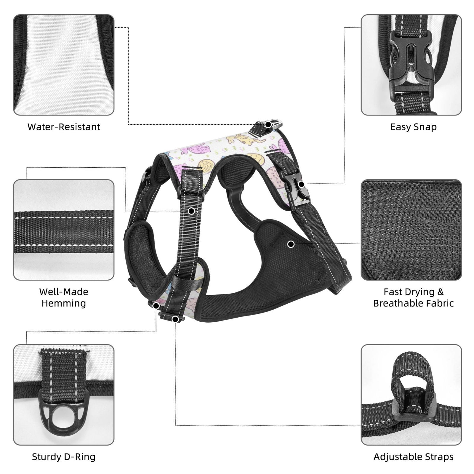 Picia Easter Colorful Rabbit No-Pull Dog Harness Reflective Front Clip Vest with Handle,Step-in Air Dog Harness,Adjustable 2 Metal Rings 4 Buckles,Easy to Put on & Take Off Large