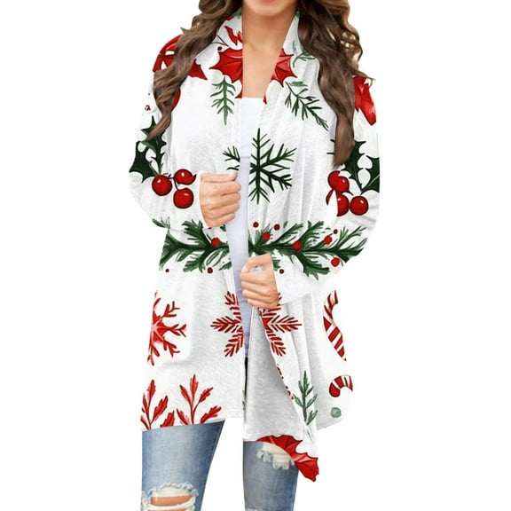 Guieoi Jackets for Women Clearance under $10.00 Ladies' Fashionable Christmas Printed Long Sleeved Cardigan Jacket Top Green Black*Friday/Cyber*Monday Clearance