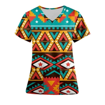 

ZQGJB Scrub Tops for Women Clearance Short Sleeve Vintage Aztec Print Casual V Neck Nurse Working Uniform Loose Relaxed Fitted Tee Tops with Pockets Yellow XL