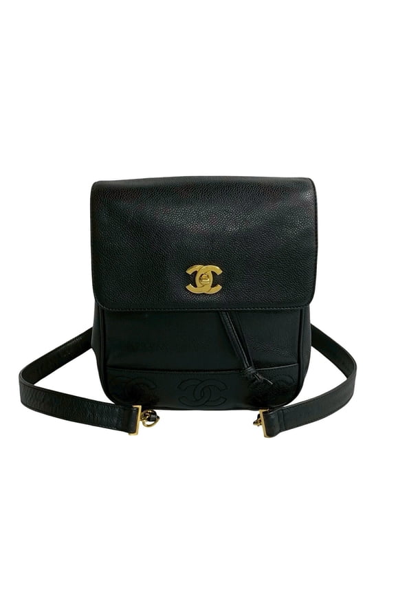 Pre-Owned CHANEL Triple Coco Caviar Leather Chain Backpack, Black, 83663 (Good)