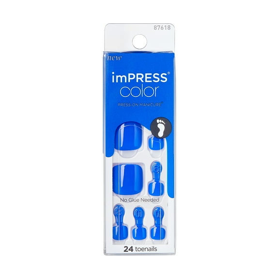 KISS imPRESS Color Press-On Pedicure Fake Toenails, Short, Square, Deep Blue, 33 Ct.