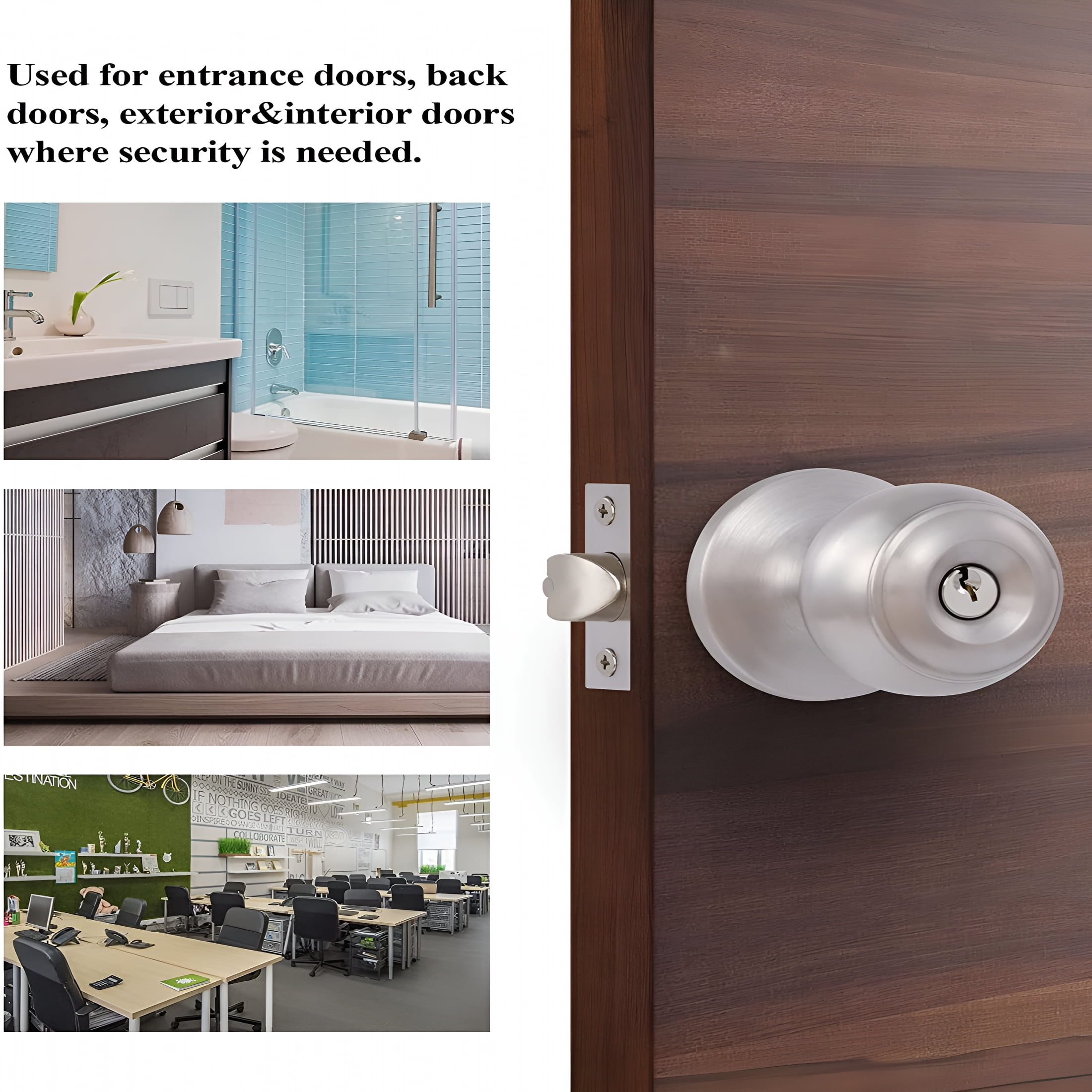 TALENO 2 Pack Entry Door Knob with Lock and Keys All Alike,Exterior/Interior Door Handles for Bedroom or Bathroom,Satin Stainless Steel Door Knobs for Front Door