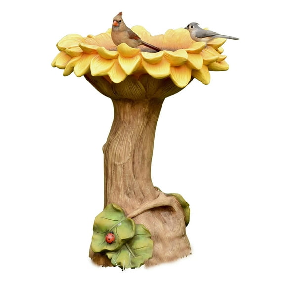 Sunflower with Leaves and Ladybug Carved Resin Birdbath