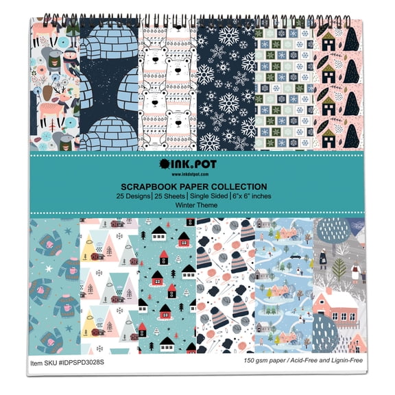 Inkdotpot 25 Sheets Winter Theme Scrapbook Paper Pad 6x6, Single-Sided Scrapbook Paper- Colorful Cardstock Paper Scrapbooking DIY Decorative Background Cardmaking Supplies- Journal Craft Paper