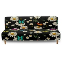 SCRAWLGOD Butterfly Daisy Floral Print Black Non Slip Futon Cover, Armless Washable Couch Cover for Futon, Stretchy Sofa Cover, Scratch Resistant Furniture Protector for Pets, Dog and Cat