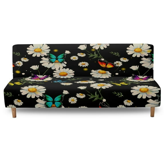 SCRAWLGOD Butterfly Daisy Floral Print Black Non Slip Futon Cover, Armless Washable Couch Cover for Futon, Stretchy Sofa Cover, Scratch Resistant Furniture Protector for Pets, Dog and Cat