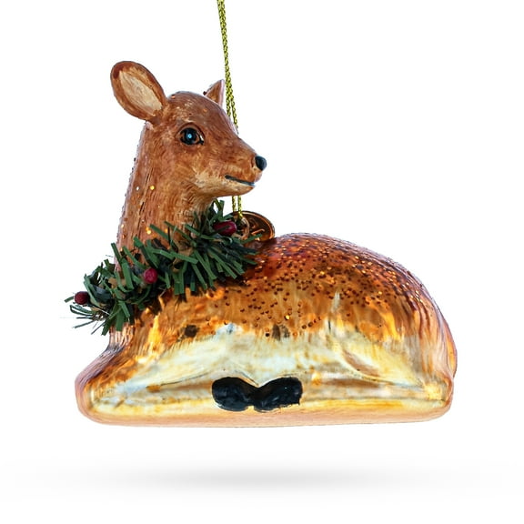 Deer with Wreath Glass Christmas Ornament