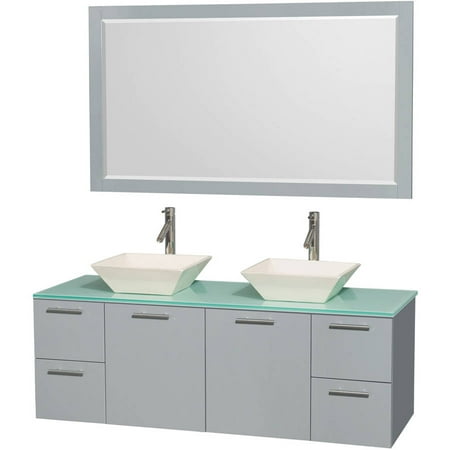 Wyndham Collection Amare 60 Inch Double Bathroom Vanity In Dove Gray Green Glass Countertop Pyra Bone Porcelain Sinks And 58 Inch Mirror