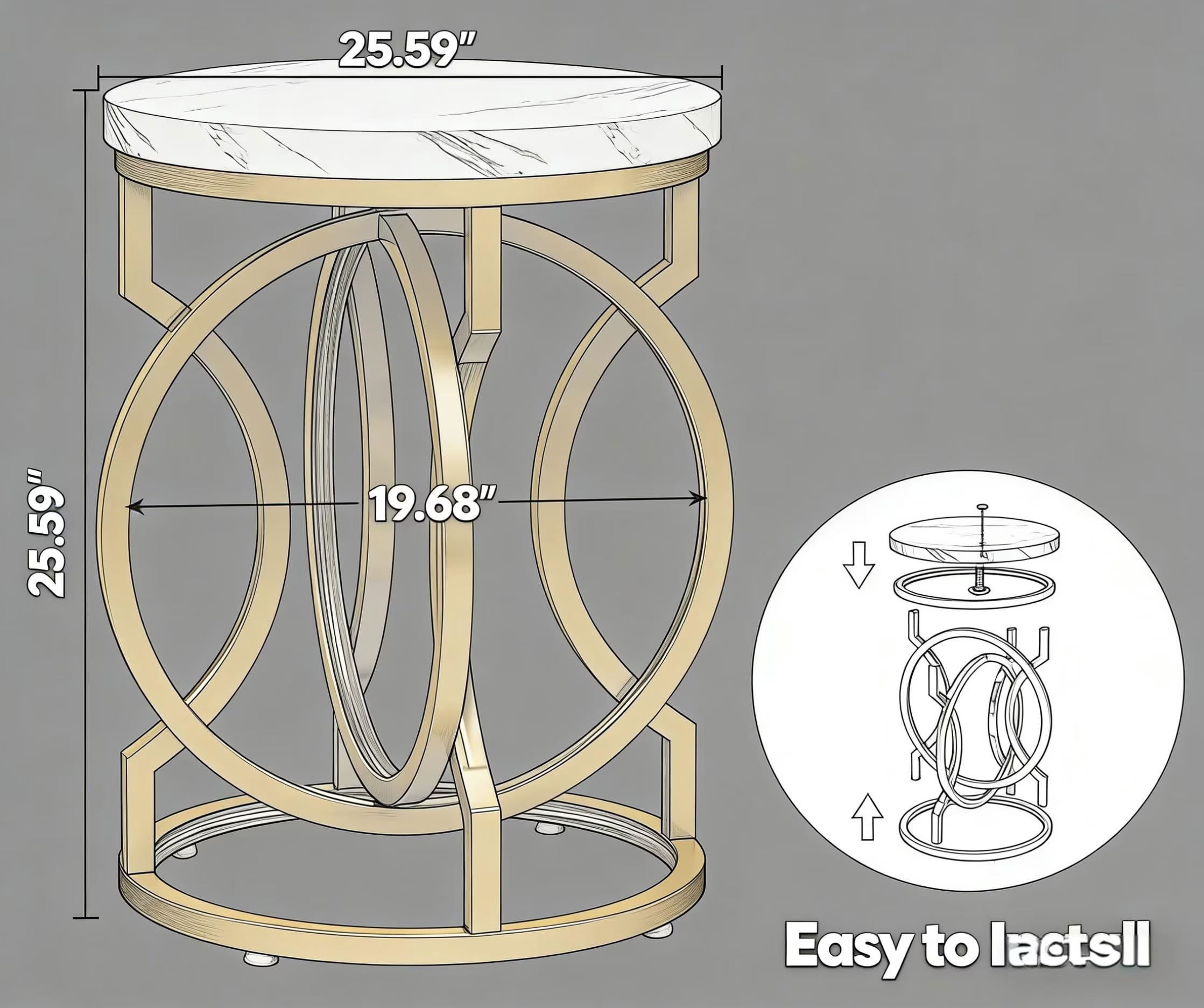 MAYEERTY Round End Table, Modern Bedside Table with Faux Marble Top and Metal Frame, for Living Room, Bedroom, Small Spaces