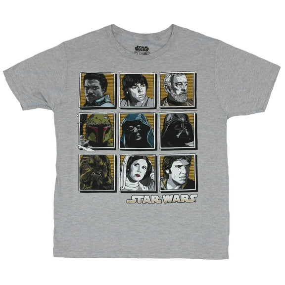 Star Wars Mens T-Shirt -  9 Box Grid Stylized Charcter Head Image (X-Large)