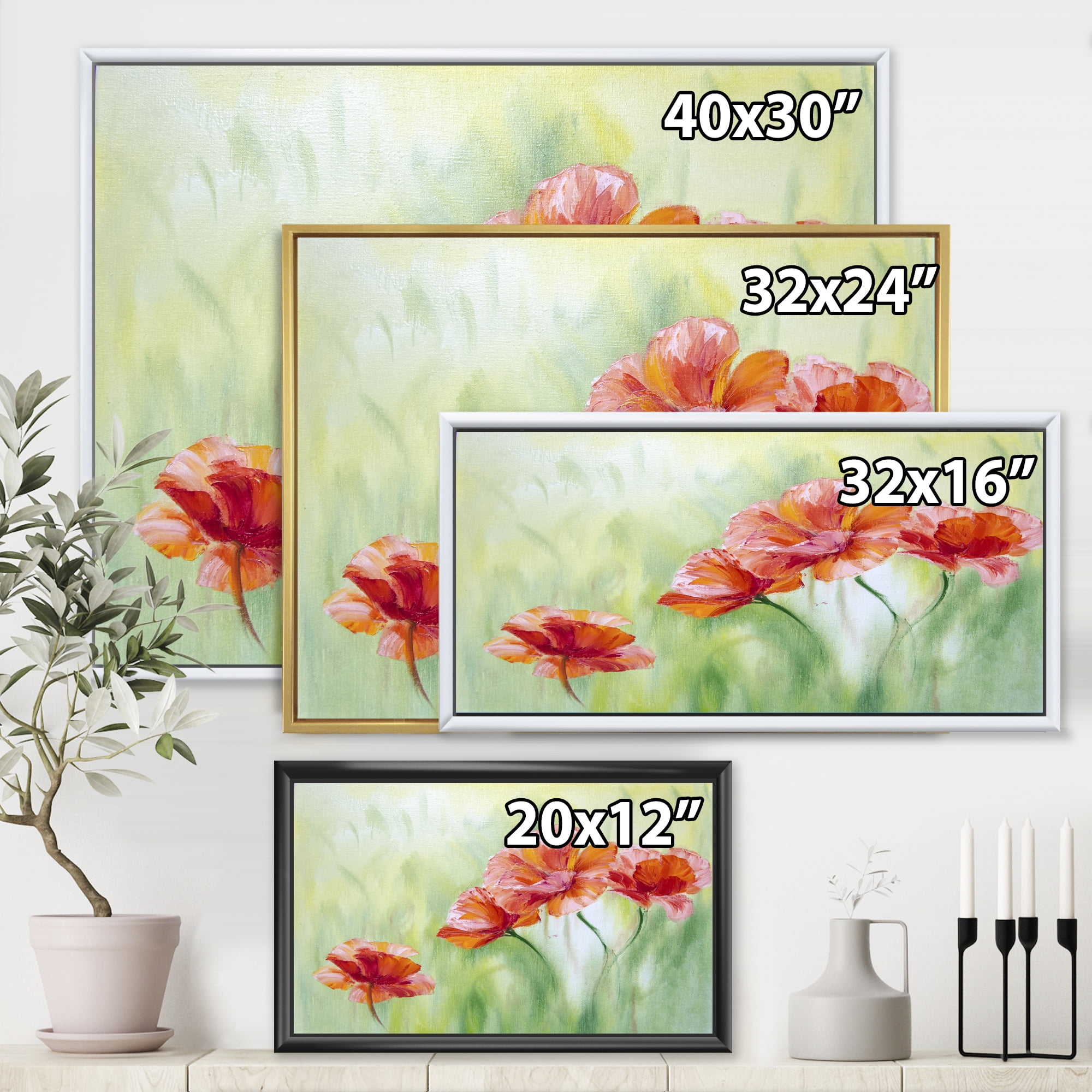 Red Blossoming Poppies Over Wild Green I 32 in x 24 in Framed Painting Canvas Art Print, by Designart
