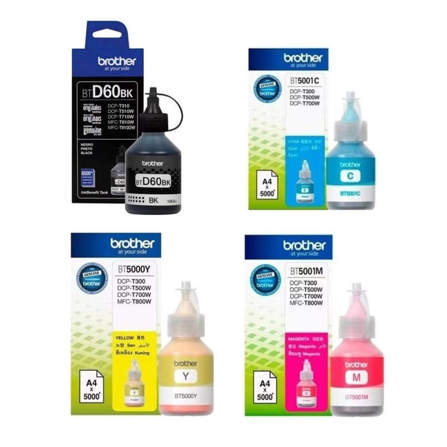 Brother Pack Kit 4 Botellas Tinta BTD60BK Negro - Color BT5001Y BT5001C BT5001M Originales Compatibl