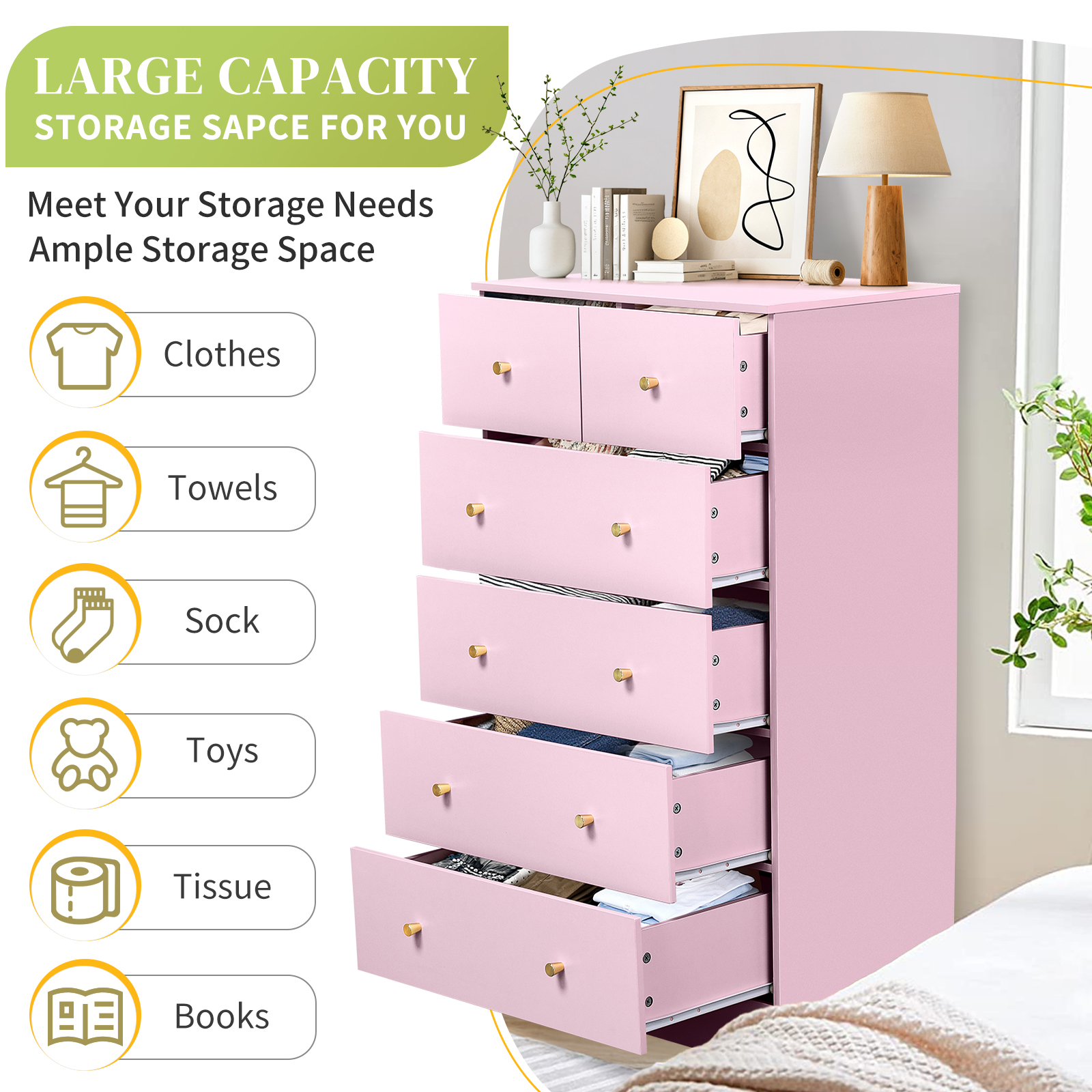 Ktaxon Large 6 Drawers Dresser Chests for Bedroom, Wood Chset of Drawers,Dressers Organizer for Bedroom, Living Room,Hallway, Pink