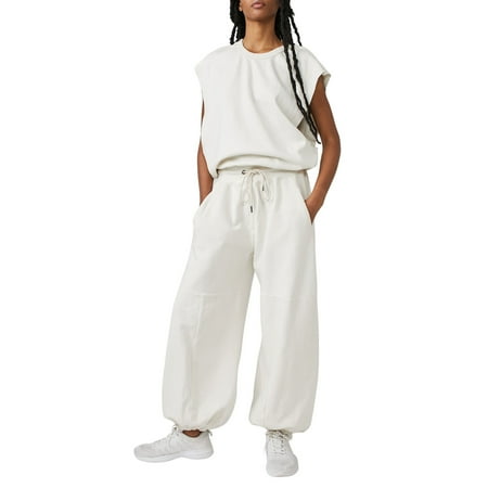 MITCOWBOY Body Suit  Throw And Go Onesie Jumpsuits for Women Summer 2024 Cutout Sleeveless Crewneck Drawstring Waist Long Pants Romper with Pockets  One Piece Jumpsuit  Shapewear Bodysuit  White S